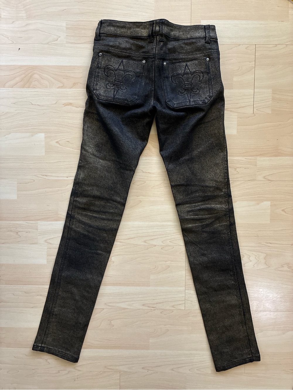 Tripp NYC Y2k Black gold Metallic low rise Skinny Jeans  Fleur Embossed Pockets